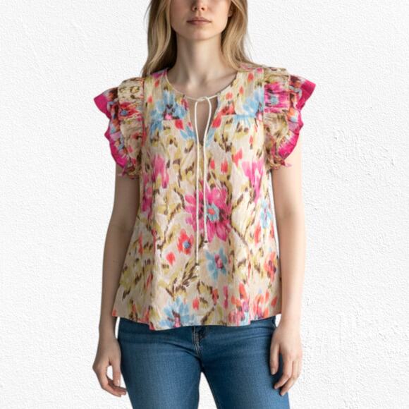 House of Harlow Pink Floral Zoey Khaki Floral Ruffle Sleeve Blouse Size Large - Picture 3 of 13